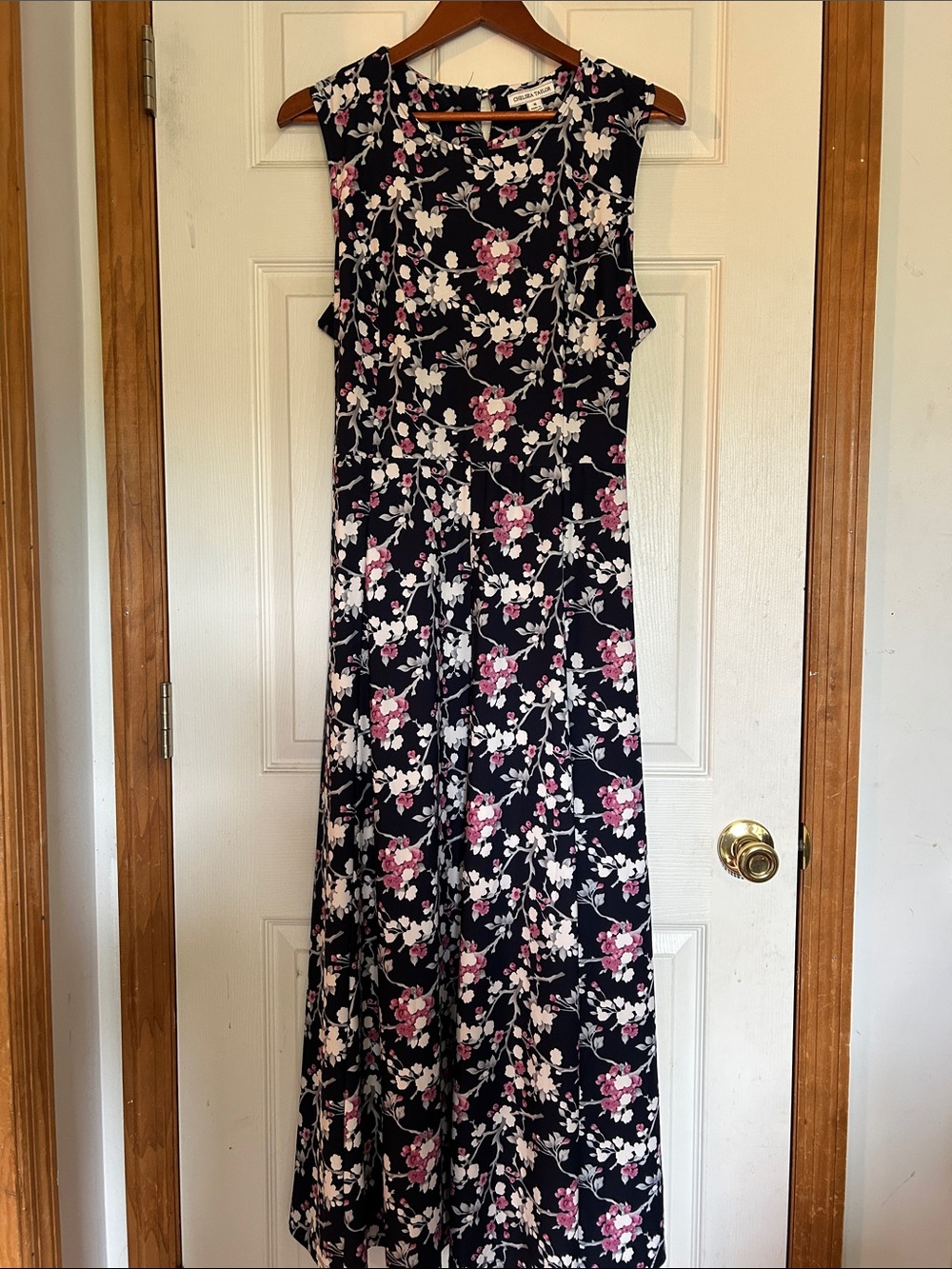 Sleeveless Navy Maxi Dress with Pink & White Floral Print